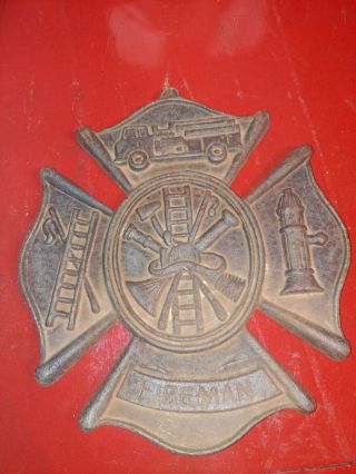 Vintage Cast Iron Fireman Plaque Maltese Firefighter Cross Sign