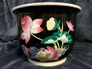 Rare Retro Chinese Porcelain Famille Black Noir Fish Bowl Planter Old Mark