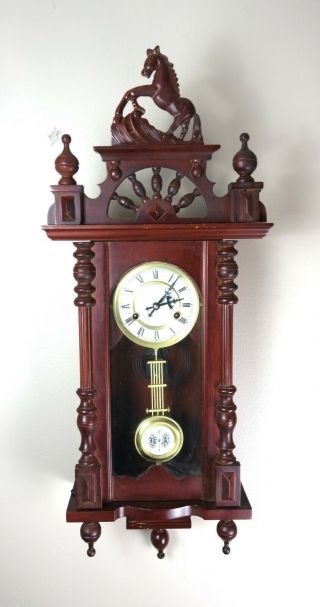 Vtg 8 Day Vienna Regulator Wall Clock Horse Crest Finials Pendulum Parts