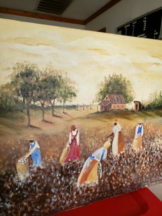 Very Rare Vintage Black Americana Canvas Oil Painting Picking Cotton