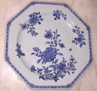 Large 18th C Chinese Octagonal Porcelain Blue And White Charger With Peonies