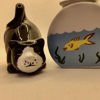 Black Cat With Fish Bowl Salt & Pepper Shakers Ceramic Whimsical Douo