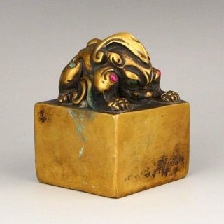 Vintage Chinese Gilt Gold Bronze Inlay Gem Unicorn Seal