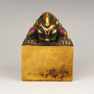 Vintage Chinese Gilt Gold Bronze Inlay Gem Unicorn Seal 2