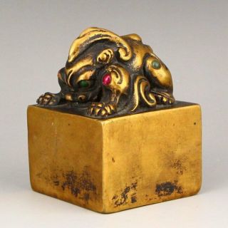 Vintage Chinese Gilt Gold Bronze Inlay Gem Unicorn Seal 3