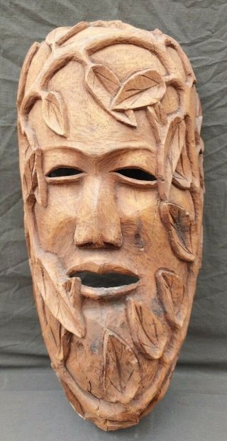 Vintage Hand Carved Wooden Green Man Mask Wall Hanging Wood Carving