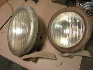 Vintage Pair 1926 Model T Ford Headlights Script Ford H Lenses Solid Straight