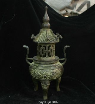Chinese Buddhism Temple Bronze Brass Dragon Beast Statue Incense Burner Censer