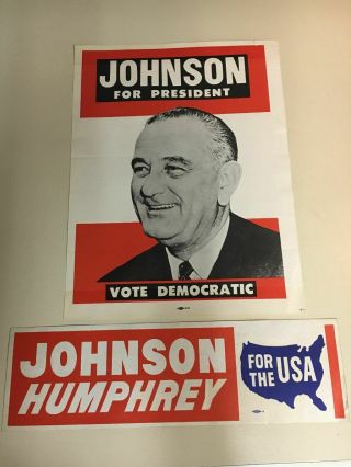 1964 Vintage Lyndon Johnson For President Campaign Poster & Bumper Sticker