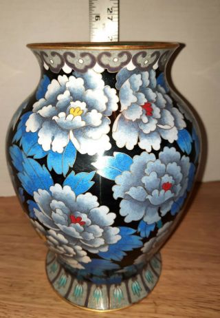 Vintage Chinese Cloisonne Vase Blue Flowers Peonies Bronze Enameled 8 " H X 6 " W