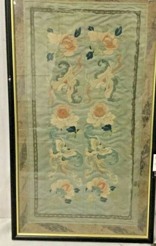 Antique Chinese Embroidered Textile Silk Panel Flowers Butterflies Qing Dynasty