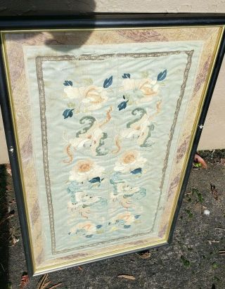Antique Chinese Embroidered Textile Silk Panel Flowers Butterflies Qing Dynasty 3