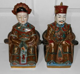 20th Century Antique Porcelain Seated Chinese Emperor & Empress Figures - Pair 2