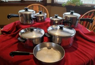 8 Piece Vintage Revere Ware Copper Bottom Cookware Pots Set