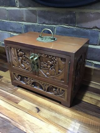 Vintage Large Chinese Carved Wood Jewellery Box/cabinet