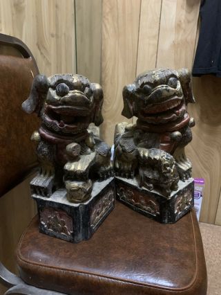 Chinese Wooden Carved Foo Dogs With Rolling Ball In Mouth / Vintage