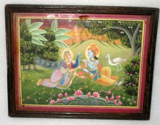 Vintage Old Water Color Hand Painted On Paper Hindu God Radha Krishna Painting