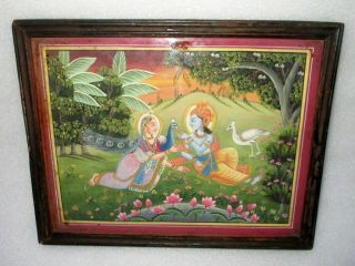 Vintage Old Water Color Hand Painted On Paper Hindu God Radha Krishna Painting 2