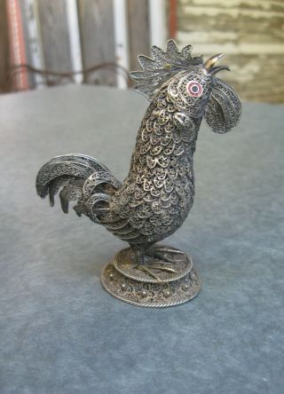 Antique Chinese Filigree Silver Rooster Figurine Statuette Cock Bird Enamel Gilt