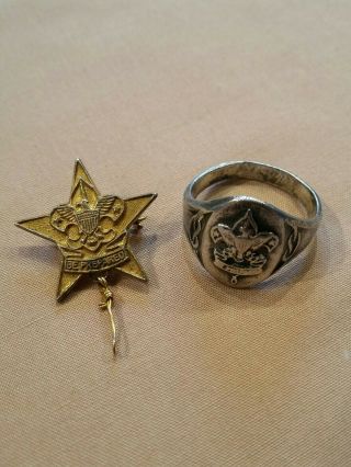Vintage Sterling Silver Boy Scout Ring & Pin Bsa Be Prepared Rope Knot Jewelry