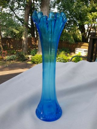 Vintage Aqua Blue Glass Vase 12 3/4 " Tall Swung Ribbed Vase - Fenton?