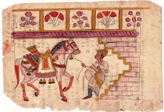 Indian Antique Manuscript Page With Early Folk Painting Of A Horse With Rider