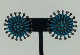 Vintage Navajo Sterling Silver Petit Point Blue Turquoise Clip Earrings