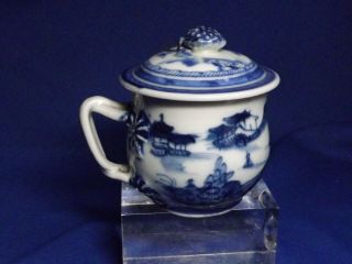 Antique Chinese Export Blue & White Canton Porcelain Cup & Cover Pot De Creme