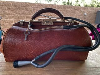 Vintage Brown Leather Doctors Medical Bag With Stethoscope With Lock/key
