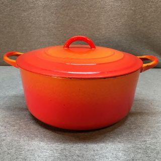 Vintage Le Creuset Cast Iron Dutch Oven E Flame Orange W/ Lid Grill Bottom 4.  5qt