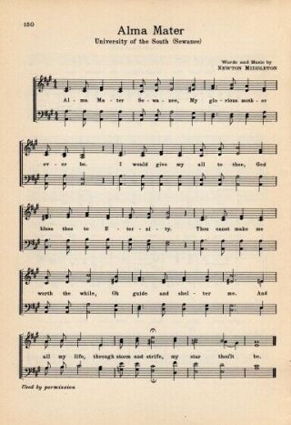 University Of The South - - Sewanee Vintage Alma Mater Song Sheet C 1932