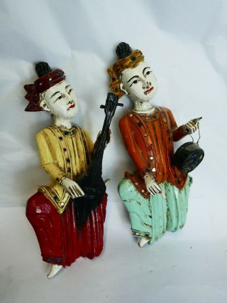 Antique Indonesian Painted Wood Musician Wall Figure Pair