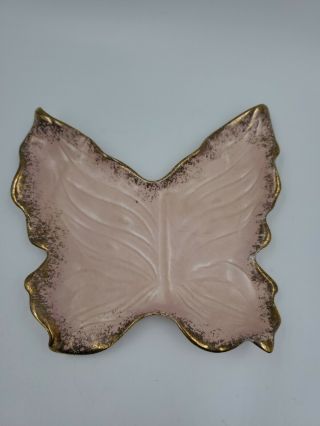 Vintage Hand Painted Porcelain Pink Gold Gilt Edges Butterfly Trinket Dish Decor