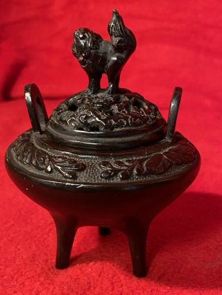 Antique Chinese Japanese Asian Carved Bronze Incense Burner Dark Patina Foo Dog