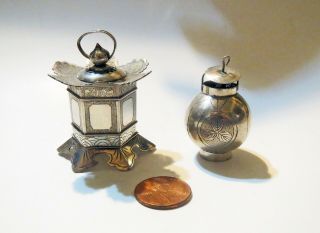 Antique Chinese 19th Century - Solid Silver Model Of 2 Miniature Lanterns Statue