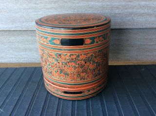 5 1/2”x5 1/2” Antique Burmese Betel Nut Lacquerware Box With 2 Trays