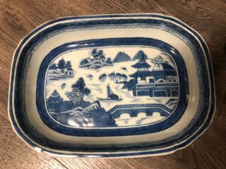 Antique Chinese Export Blue & White Canton Platter Dish 9 1/2” X 6 3/4” X 1 1/4”