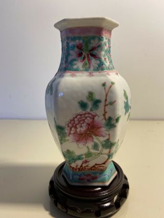 Chinese Antique 1920s Hexagonal Famille Rose Small Vase