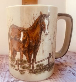 Vintage Otagiri Horse And Foal Coffee Mug Cup Embossed And Color Glazed 2 Sided