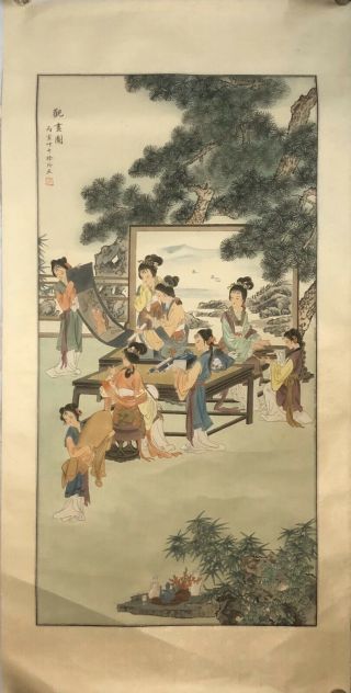 Vintage Chinese Asian Watercolor Painting On Silk Women Signed Red Seal