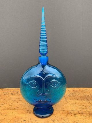 Vintage Blenko Omnibus Sun Face Blue Glass Decanter Vase W/ Stopper Wayne Husted