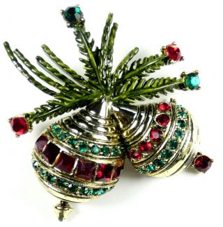 Vtg Hollycraft Christmas Tree Ornament Pin Brooch Rhinestones Rare Book Piece