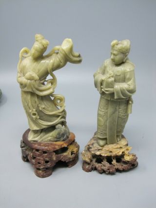 Set Of 2 Antique Asian Soapstone Figurines Emperor And Empress 8 1/4 " Tall