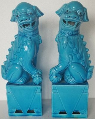 Chinese Porcelain Turquoise Foo Dogs Figurines Set Of 2 Workmanship.