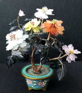 Vintage Chinese Jade And Gemstones Bonsai Tree & Cloisonne Pot.  Republic Period