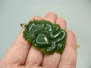 Vintage Estate Carved Green Jade Dragon Pendant 18k Gold Bail 14k Gold Necklace