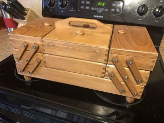Vintage Wood Wooden Sewing Box Dovetail Accordion 3 Tier Fold Out 8 Compartments