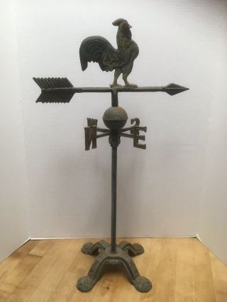 Vtg Rustic Rooster Weathervane W/ Cast Iron Base Tabletop Garden Wind