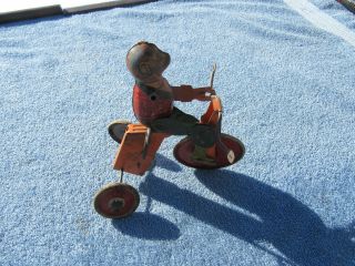 1930s Vintage Tin Litho Mechanical Wind - Up Monkey On Tricycle