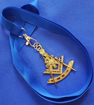 Masonic Collar Gold Plated Jewel Past Master With Blue Neck Strap By Deura Usa